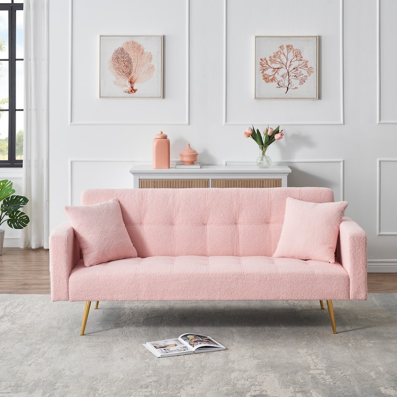 Folding Couch Teddy Fleece Sleeper Sofa Bed with Pillows and Metal Leg - Pink