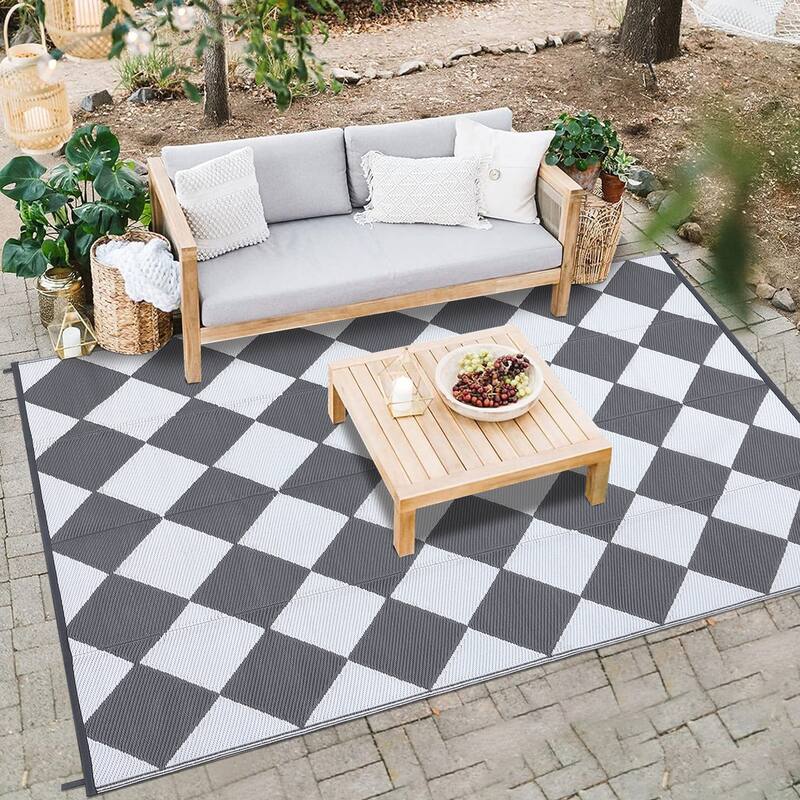 Outdoor Rug Waterproof Reversible Rug Plastic Straw Rug Checkered Floor Mat Outside Carpet for Camping RV Backyard Patio