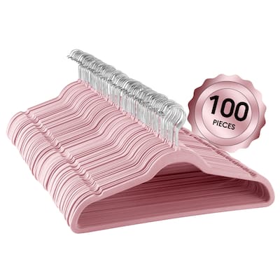 Elama Home 100Pc Velvet Slim Clothes Hangers w/ SS Swivel Hooks Pink