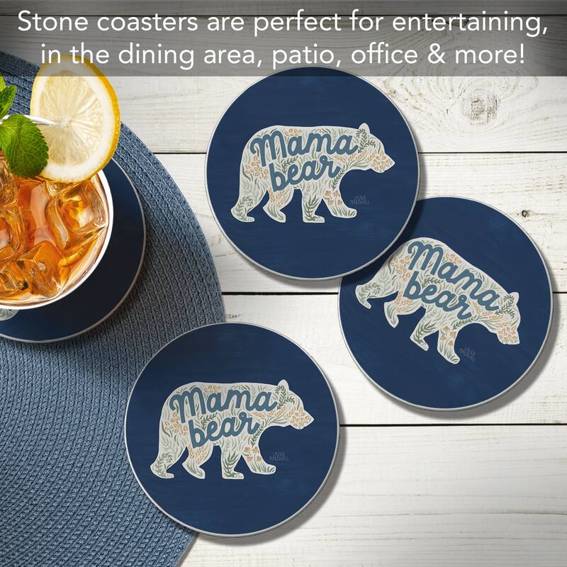 Mama Bear 4 Pack Absorbent Stone Coasters with Protective Cork Backing Made in The USA Absorbent Easily Wipes Clean