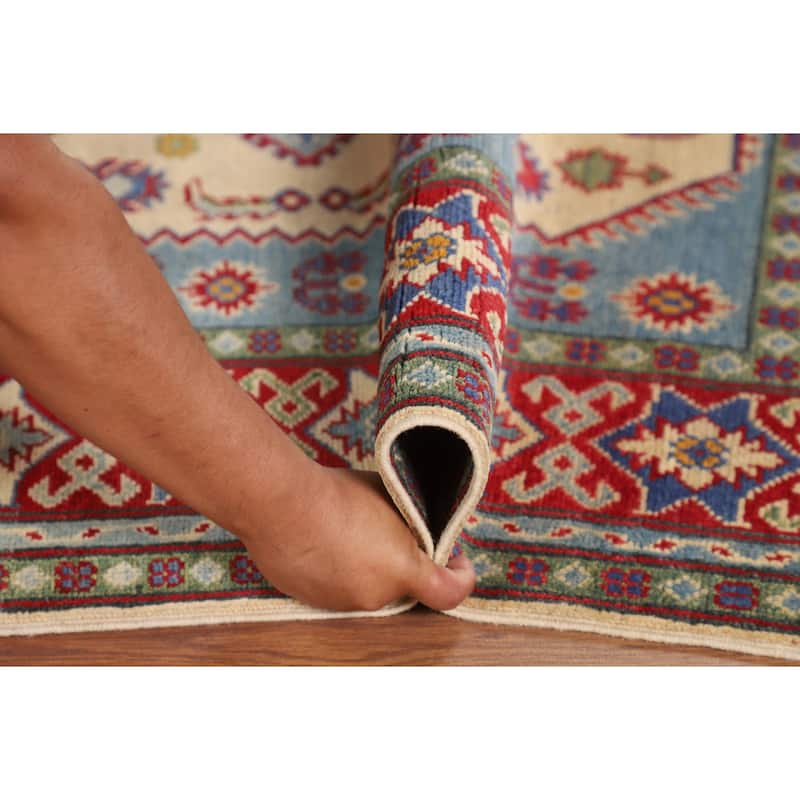 Geometric Kazak Oriental Area Rug Hand-Knotted Beige Wool Carpet - 4'11" x 6'4"