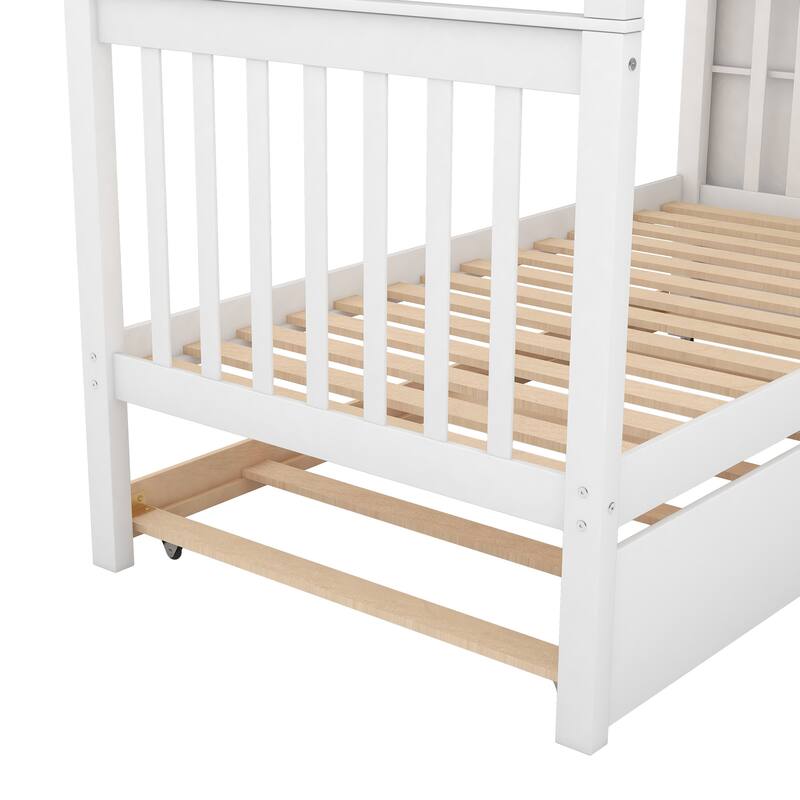 Twin Over Twin Wood Bunk Bed with Trundle, Shelves, Convertible to Three Beds