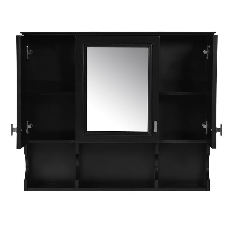 Bathroom Medicine Cabinet with Groove Design, Wall Cabinet with Mirror, Open Compartments of Curved Panls and Silver Handles