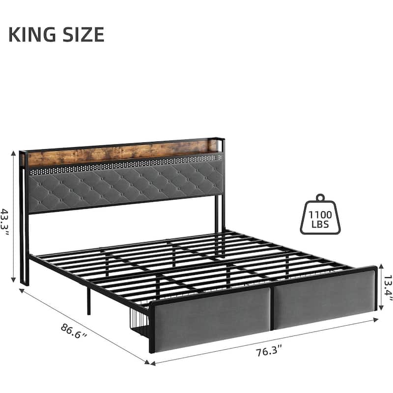 Bed Frame with Storage Headboard and 2 Drawers LED Lights
