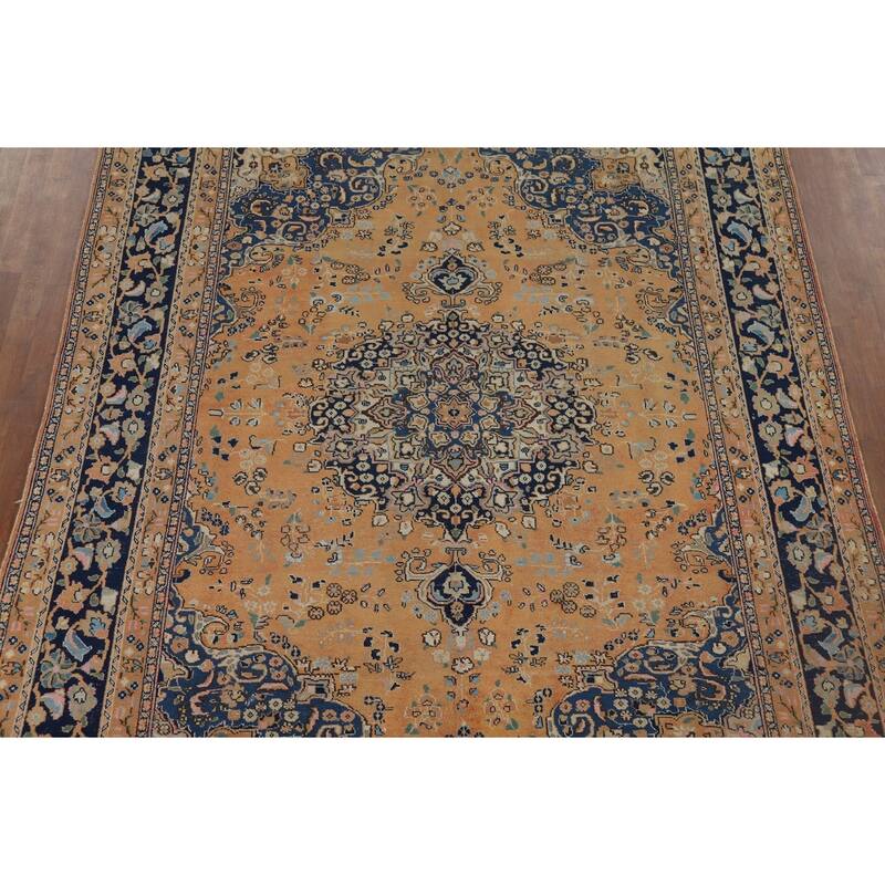 Mashad Vintage Persian Area Rug Handmade Orange Wool Carpet - 7'11" x 11'0"