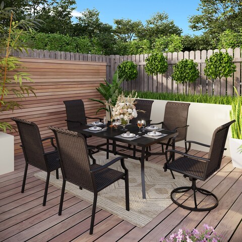 Outdoor Patio 7-Piece Dining Set, 1 Metal Table with an Umbrella Hole and 6 PE Rattan Chairs