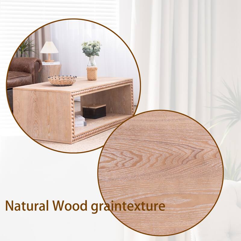 Beaded Trim Wood Coffee Table with Open Shelf