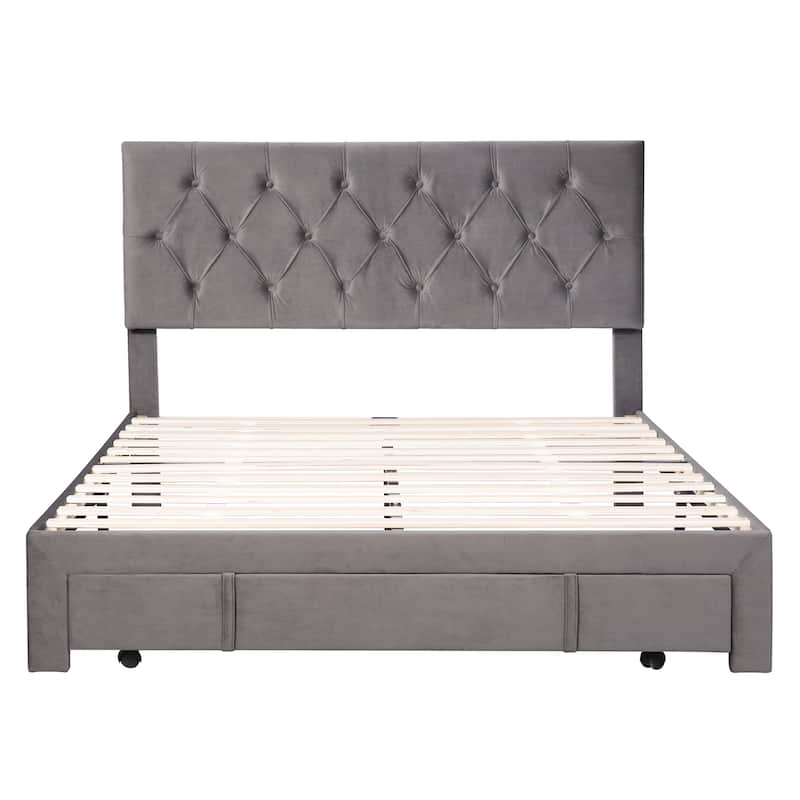 Storage Bed Velvet Upholstered Platform Bed with a Big Drawer