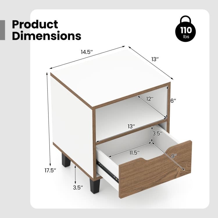 Natural and White Nightstand with 3 Tier Storage Metal Legs and Color-Blocked Design