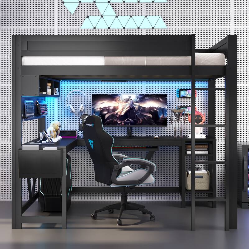 Roomfitters Full Size Gaming Loft Bed with Desk, Storage Shelves and Charging Station, Space-Saving Bedroom Setup - Black