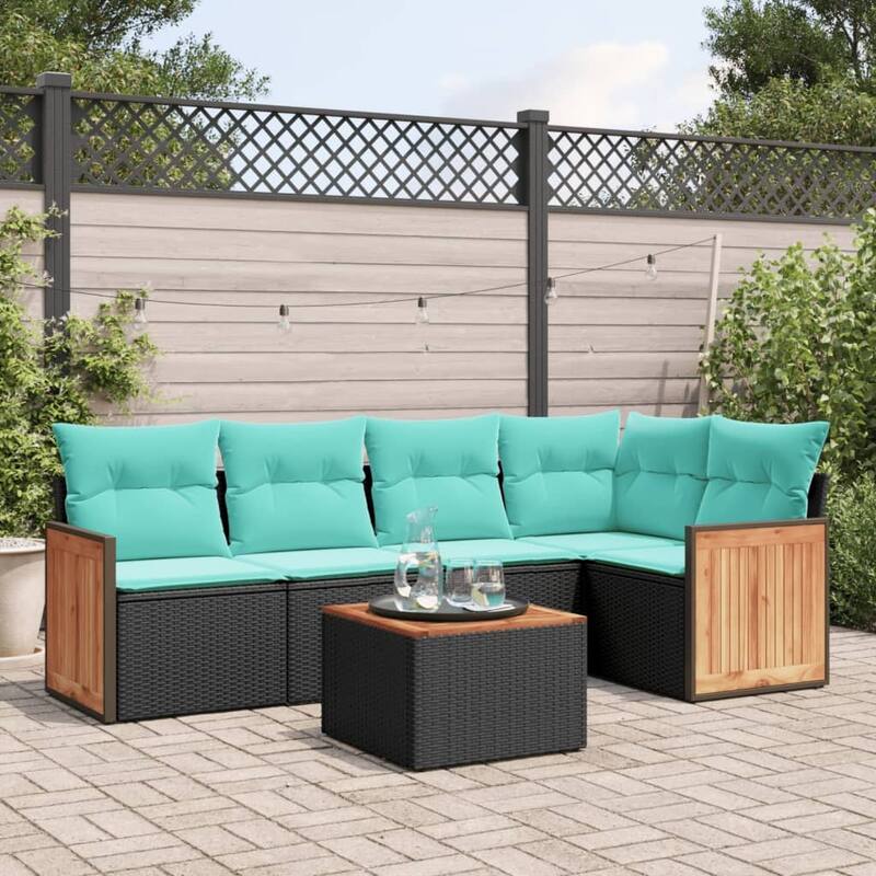 vidaXL 5 Piece Patio Sofa Set with Cushions Black Poly Rattan - 21.7x27.2x24.4-With table