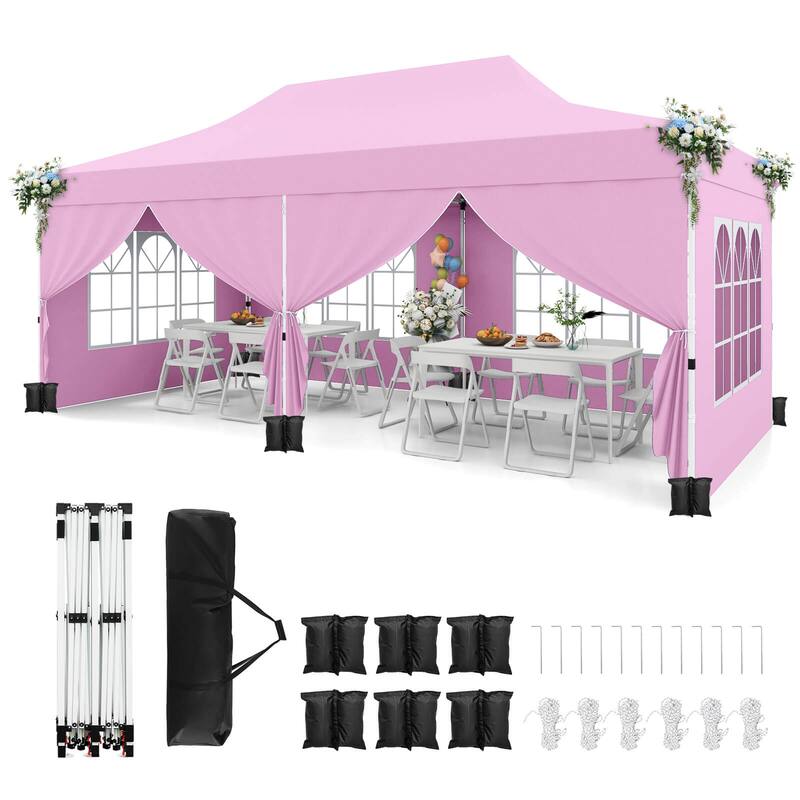 Costway 10 x 20FT Pop up Canopy Outdoor Canopy Tent with 6 Sidewalls - See Details - Pink