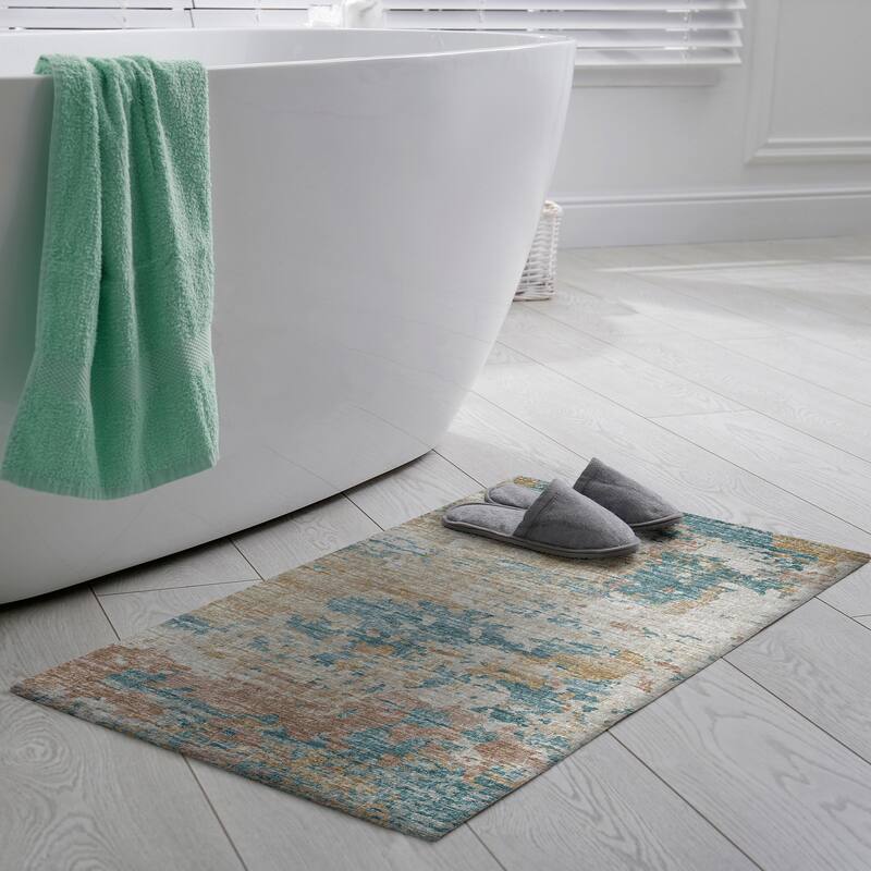Indoor/ Outdoor Accord Modern Brushstrokes Polyester Washable Rug New - 1'8" x 2'6" - Teal Copper Beige