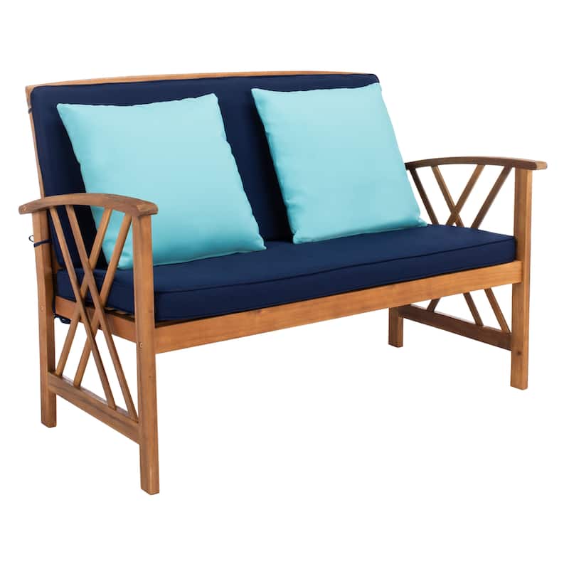 SAFAVIEH Outdoor Living Fontana Acacia/Navy Cushion 4-piece Patio Set