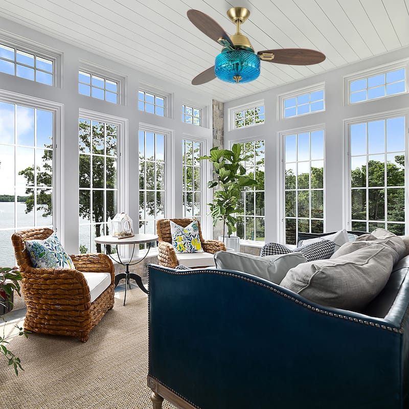 Maeve River of Goods 3-blade 42-inch Glam Indoor Ceiling Fan with Blue Hand-Cut Glass Shade and Remote Control
