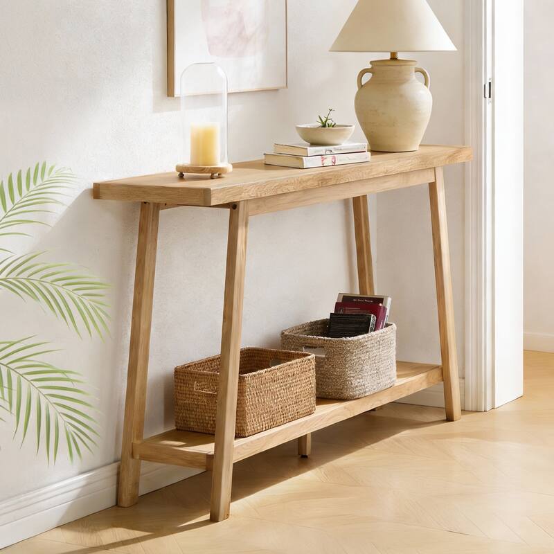 59" Solid Oak Wood Entryway Console Table Sofa Table with 2-Tier Storage - 59"L x 13.8"W x 30"H
