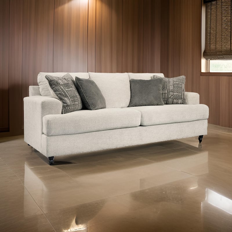 Tren 3 Seater 96 Inch Sofa with 4 Jacquard Throw Pillows | Wide Track Arms | Textured Beige Chenille