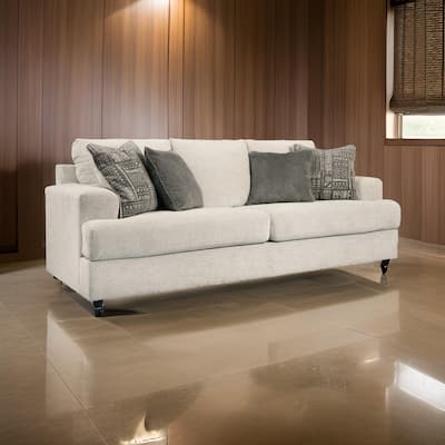Tren 3 Seater 96 Inch Sofa with 4 Jacquard Throw Pillows | Wide Track Arms | Textured Beige Chenille