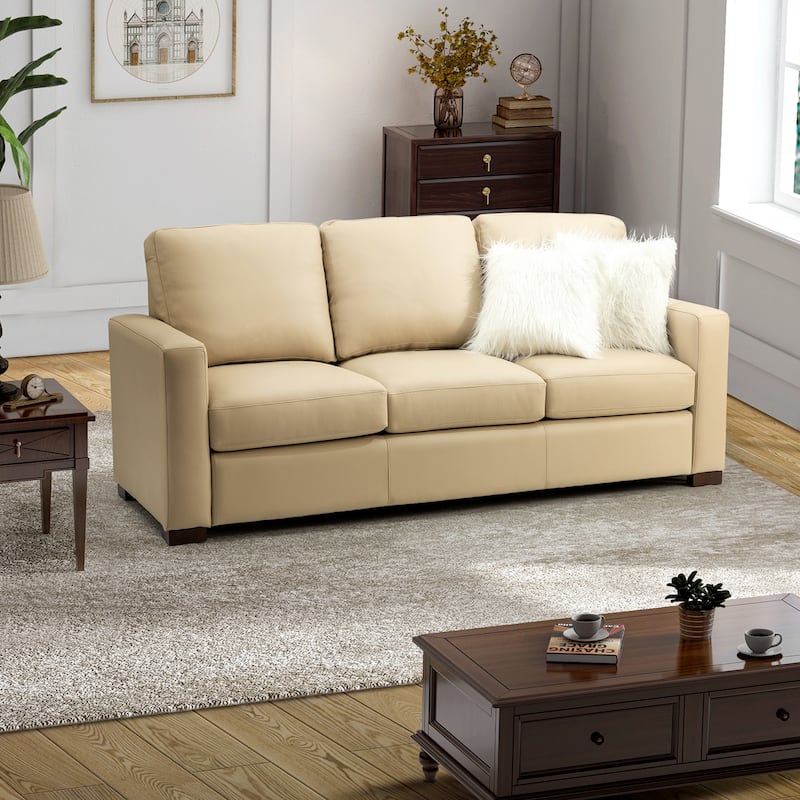 Ernando 83.46" Wide Genuine Leather Sofa with Squared Arms and Pillows