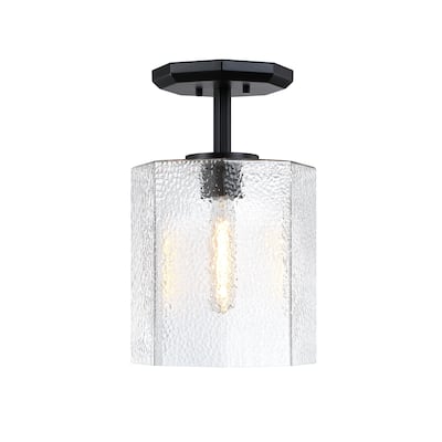 Haven 10 in. Matte Black Modern Semi-Flush Mount with Clear Rippled Glass Shade for Hallways