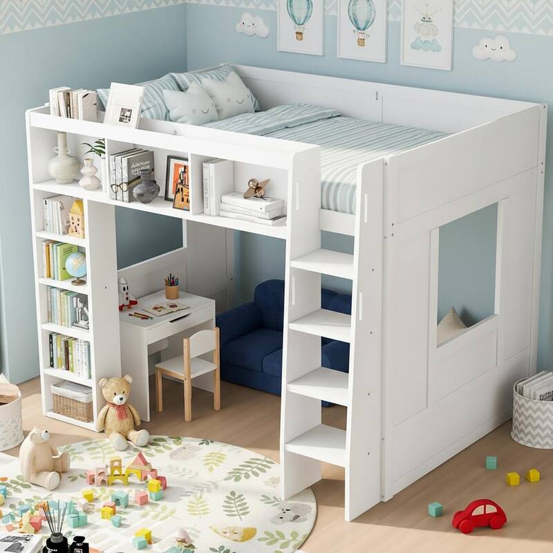 Queen Size Wooden Loft Bed with Storage Cabinets and Shelves by Harper&Bright Designs - White