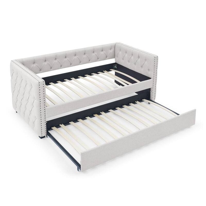 Daybed with Trundle Upholstered Tufted Sofa Bed with Button and Copper Nail on Square Arms