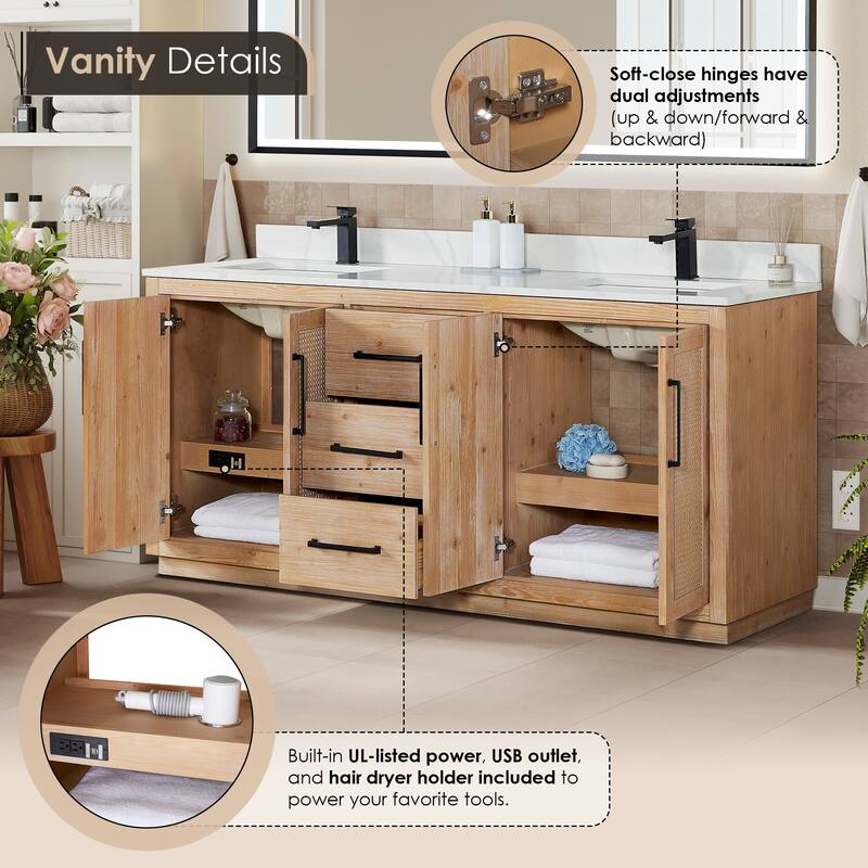 Floral Single Bathroom Vanity in Light Brown with Calacatta White Quartz Countertop without Mirror