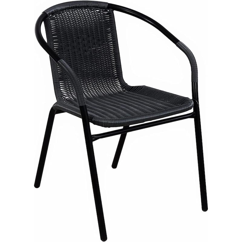 BTEXPERT Indoor Outdoor 28" Square Tempered Glass Metal Table Black Rattan Trim + 3 Black Restaurant Rattan Stack Chairs