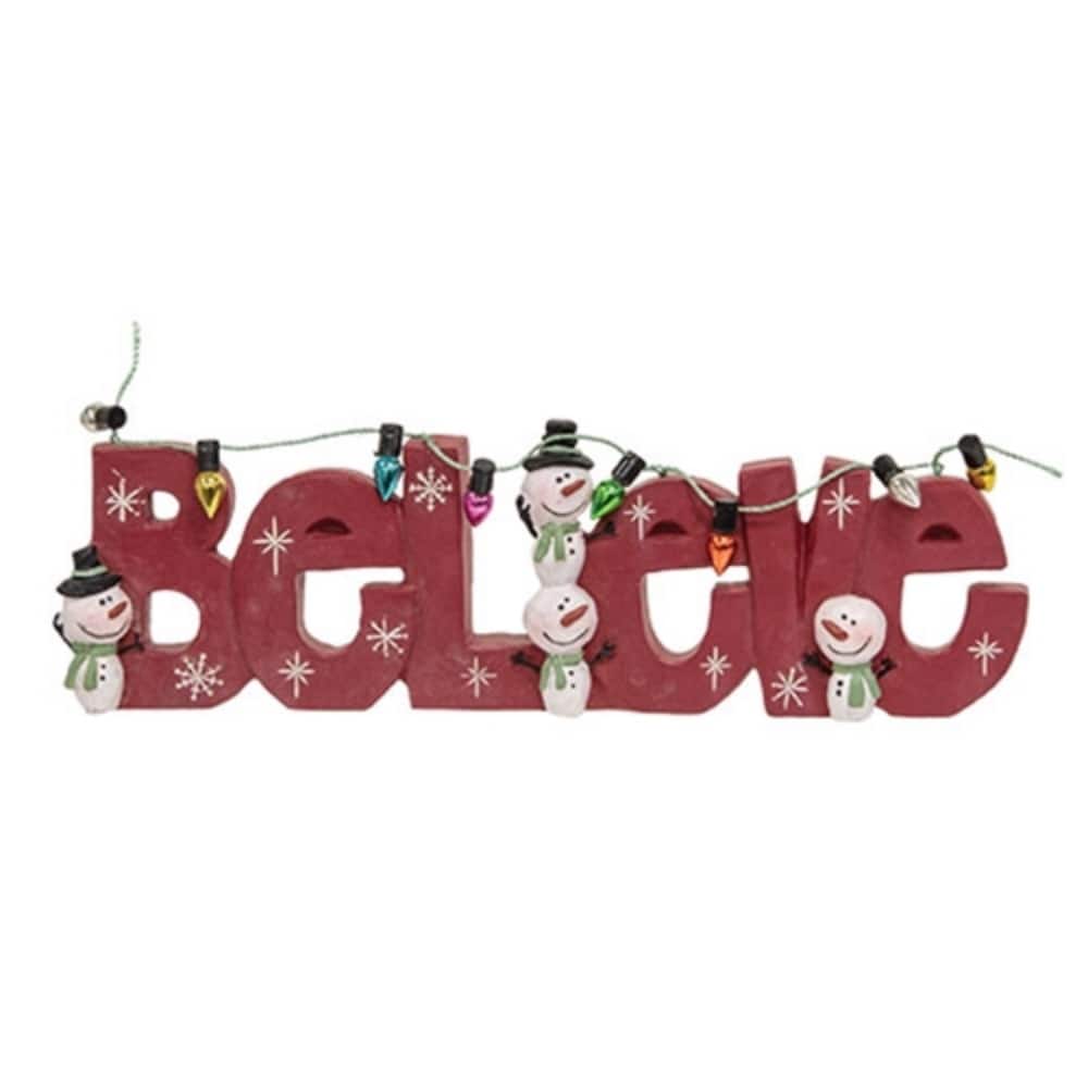 Red-White Resin Believe Snowman Letter Sitter with Faux Mini Lights - 6.25" L x .25" W x 1.75” H