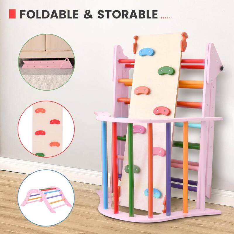 7 in 1 Pikler Triangle Gym, Montessori Foldable Wooden Climber with Ramp
