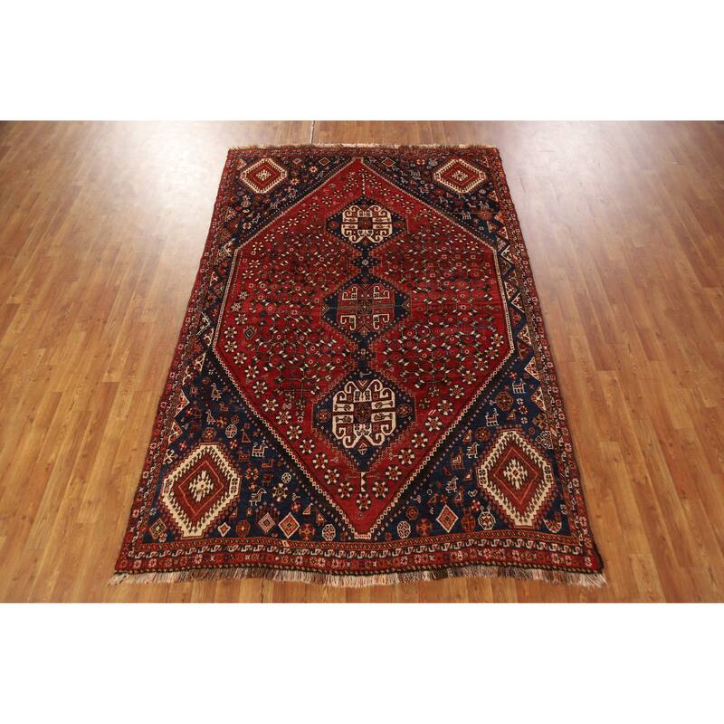 Hand Knotted Oriental 100% Wool Carpet Traditional Geometric Red Shiraz Area Rug - 8' 7'' X 5' 8''