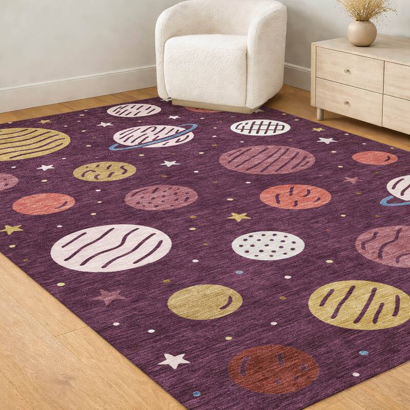 Machine Washable Indoor/ Outdoor Modern Planets Chantille Rug