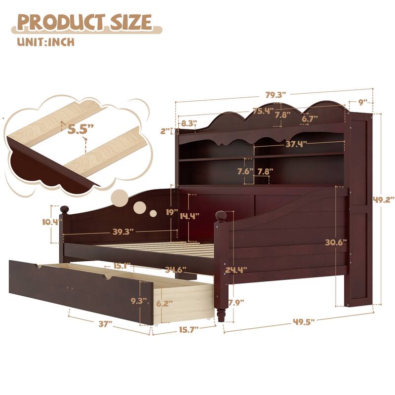 Twin Daybed with Storage Drawers and Headboard Shelving Wooden Frame