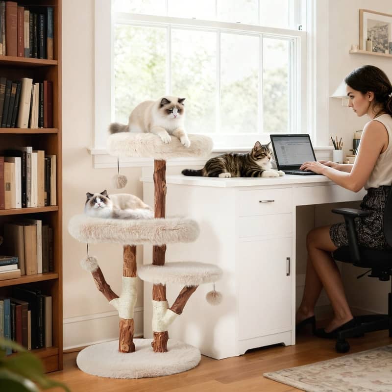 46"H Wood Cat Tree Tower with Scratching Posts, Modern Cat Furniture for Indoor Cats