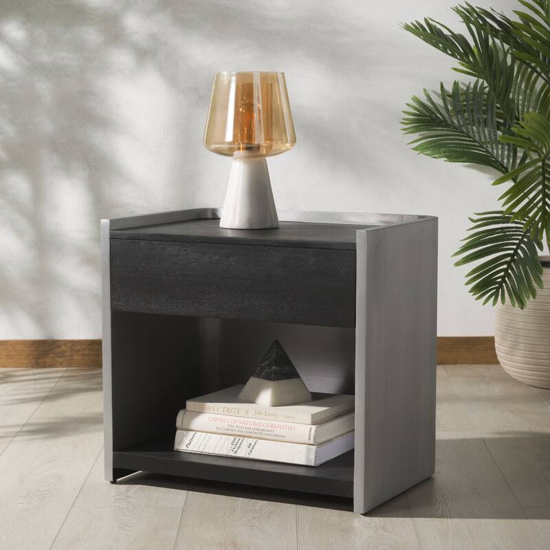 SAFAVIEH Couture Ottawa Wood And Aluminum Nightstand - Black/Silver