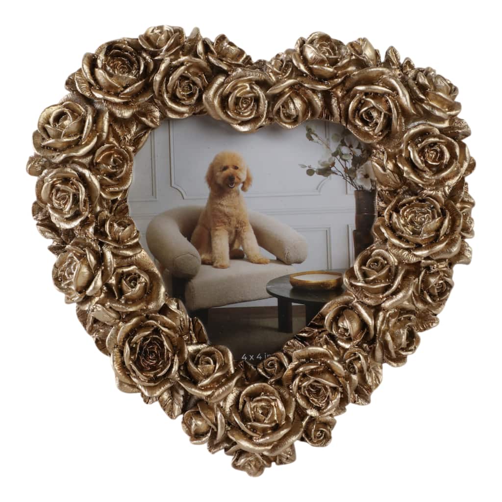 Polyresin Heart Shape Photo Frame 3D Rose Glam Style Decor - 6" Gold