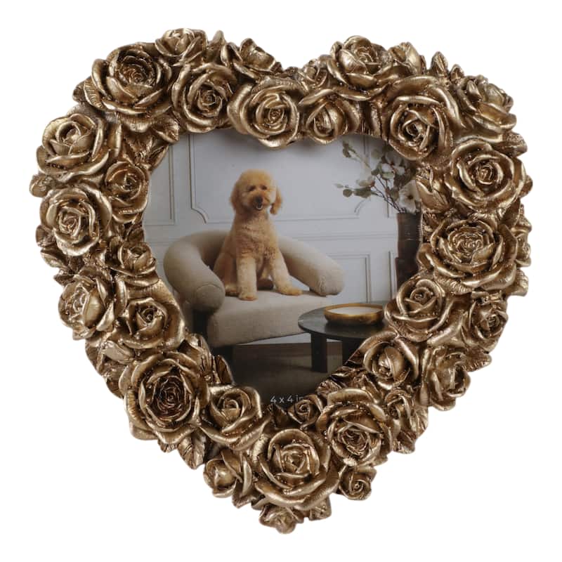 Polyresin Heart Shape Photo Frame 3D Rose Glam Style Decor - 6" Gold - Gold - 5.5" x 1" x 5.75"