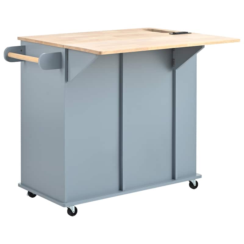 Kitchen Cart with Power Outlet,Open Storage Shelves and Wine Rack,5 Wheels,Drop Leaf and Rubber Wood