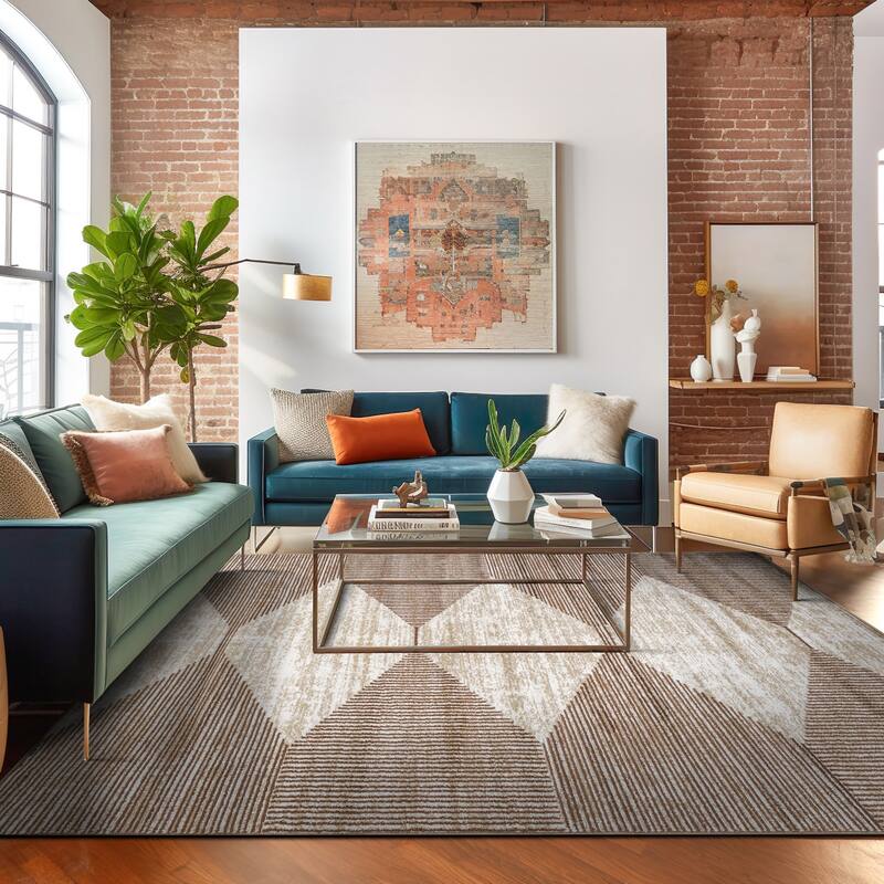Beige Brown Geometric Stripe Stylish and Durable Area Rug