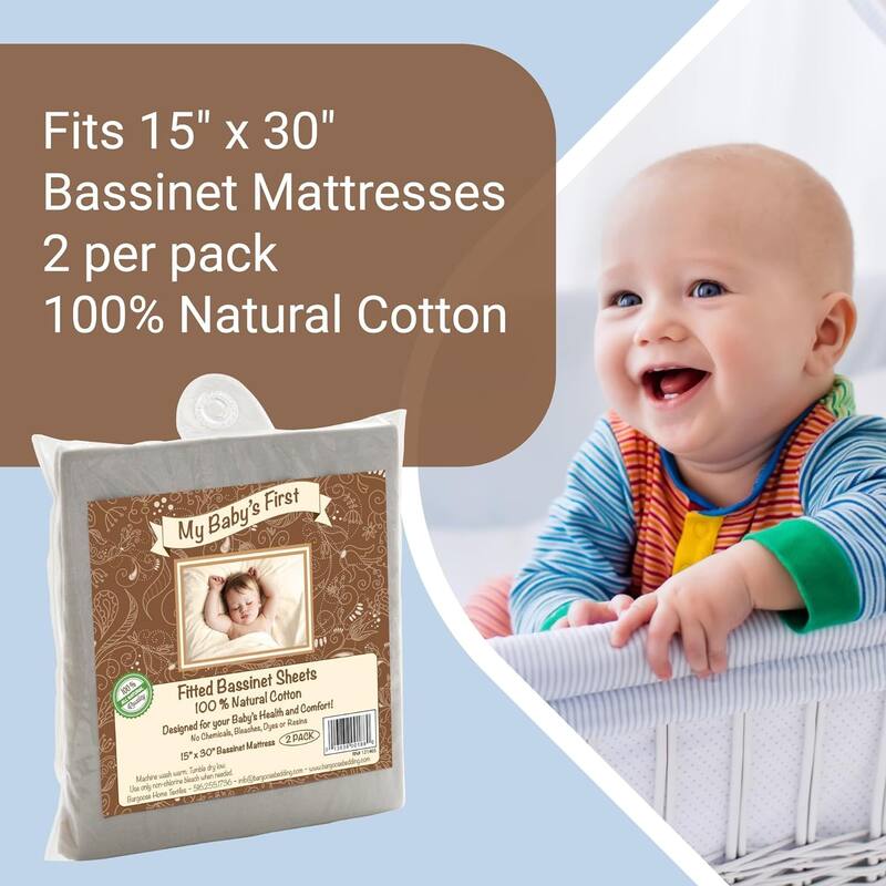 My Baby's First, Fitted Bassinet Sheets, 100% Natural Cotton, 15" x 30", 2 Pack