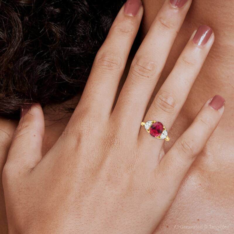 Oval Ruby & Half Moon Diamond Ring Yellow Gold Lab Grown