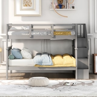 Modern Style Wood Bunk Bed with Guardrials, Maximized Storage Space, Safe Staircase, Grey