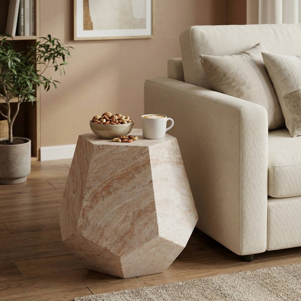 Outdoor Indoor Lightweight Concrete Side Table, Hexagonal Round Travertine Accent Table - 21.52