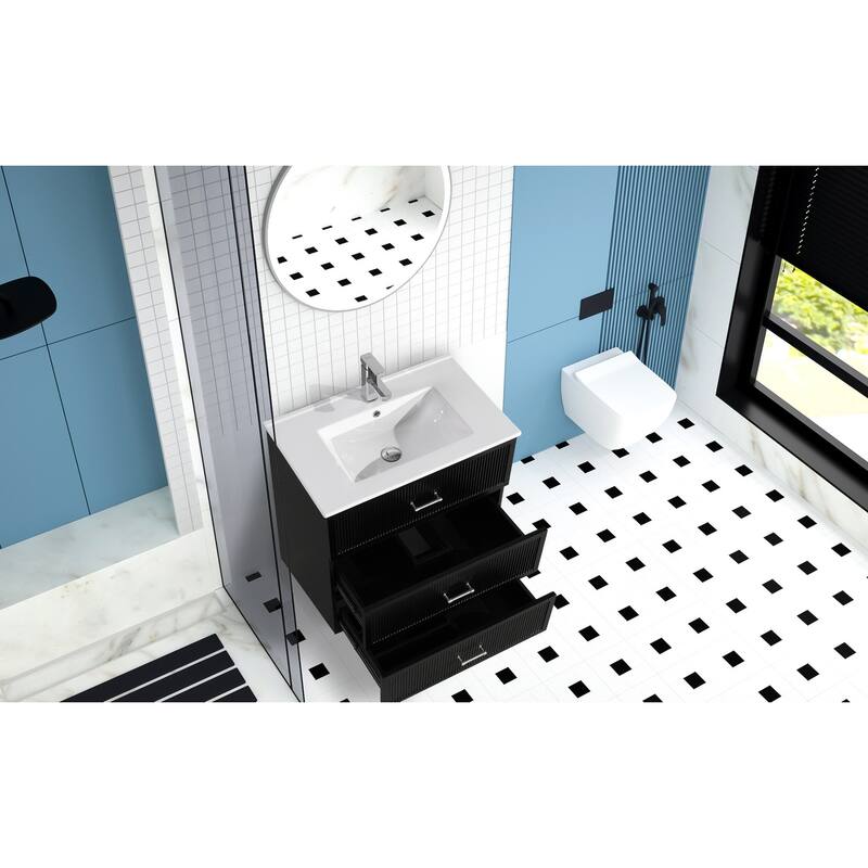 30" Freestanding Bathroom Vanity with Ceramic Sink and 2 Storage Drawers, Stylish Gray Floor Cabinet
