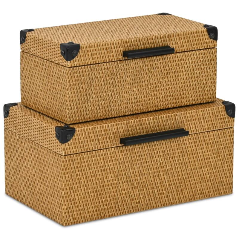Iseult Set of 2 Rectangular Decorative Storage Boxes - Dark Brown Wicker Rattan Pattern