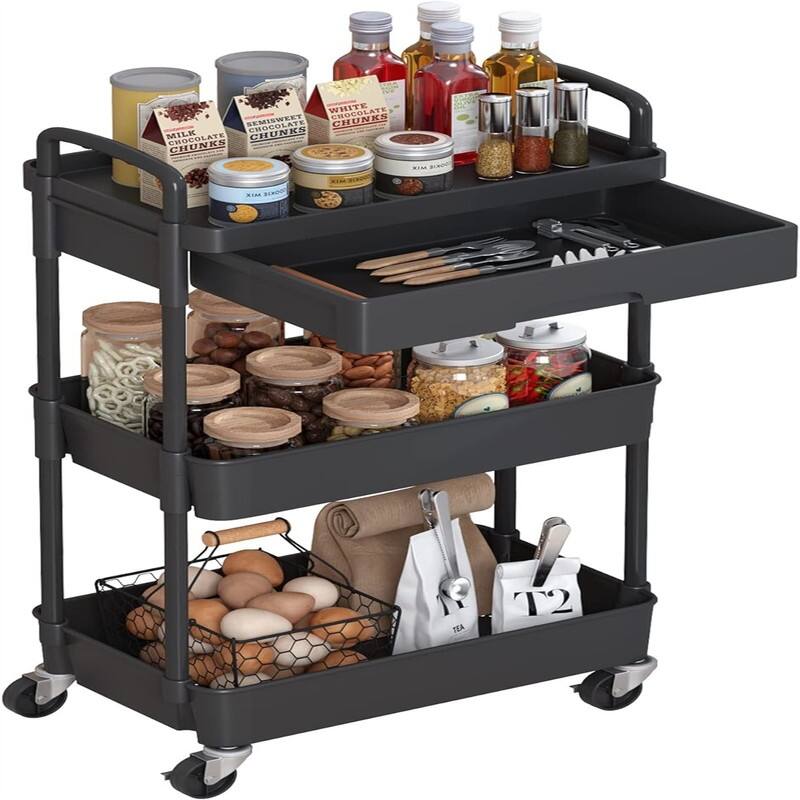 3-Tier Rolling Cart - 11.41"D x 15.35"W x 30.71"H - Black