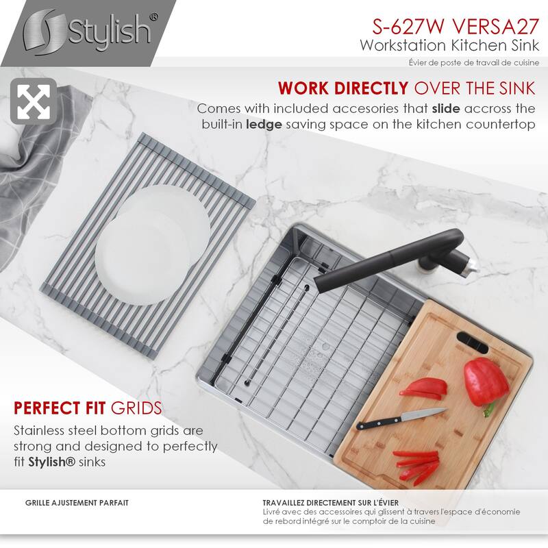 STYLISH 27 inches Workstation Single Bowl Undermount 16 Gauge Stainless Steel Kitchen Sink with Built in Accessories Handmade