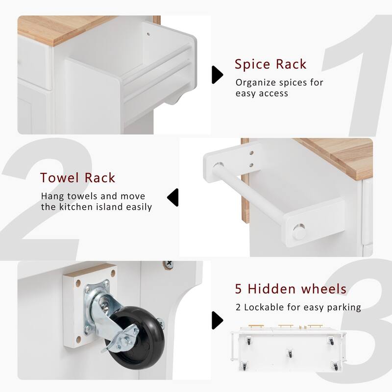 59.3" Kitchen Island with 2 Pull Out Cabinet Organizers & Drop Leaf, Trash Can Storage, Power Outlet, Spice & Towel Rack
