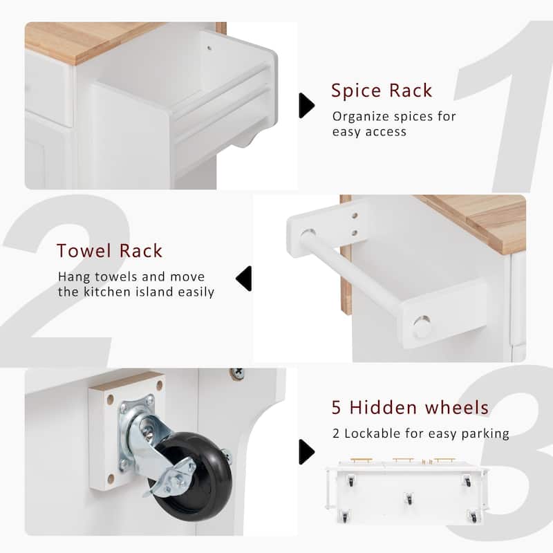 59.3" Rolling Kitchen Island with Storage and Pull-Out Organizers Rubber Wood Drop Leaf Rolling Design for Versatile Use