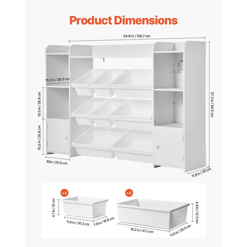 Kids Toy Storage and Bookshelf, 4-Tier Large Toy Storage Organizer with 8 Plastic Bins, Kids Cubby Cabinet with Bookshelf